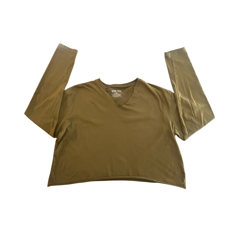 On Fire Olive Green Cotton Long Sleeve V-Neck Crop Top Size Medium (1085)